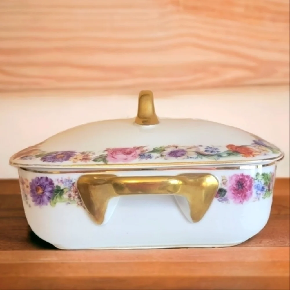 Antique Square‎ Vegetable Bowl, Aich Czechoslovakia, Floral Bands, Gold Trimmed